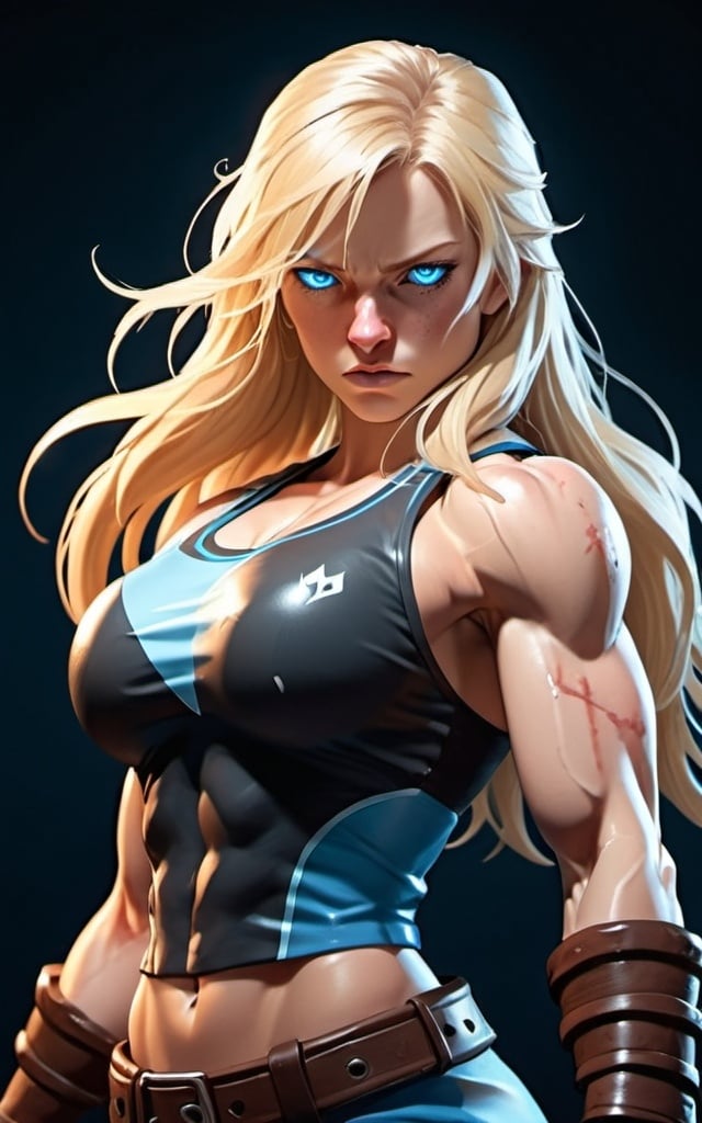 Prompt: Female figure. Greater bicep definition. Sharper, clearer blue eyes. Nosebleed. Long Blonde hair flapping. Frostier, glacier effects. Fierce combat stance. Raging Fists. Icy Knuckles. 