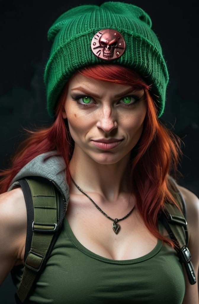 Prompt: Evil red-haired warrior woman, wearing a green beanie and a mischievous smirk. Carmine, red eyes. Fierce combat stance. 