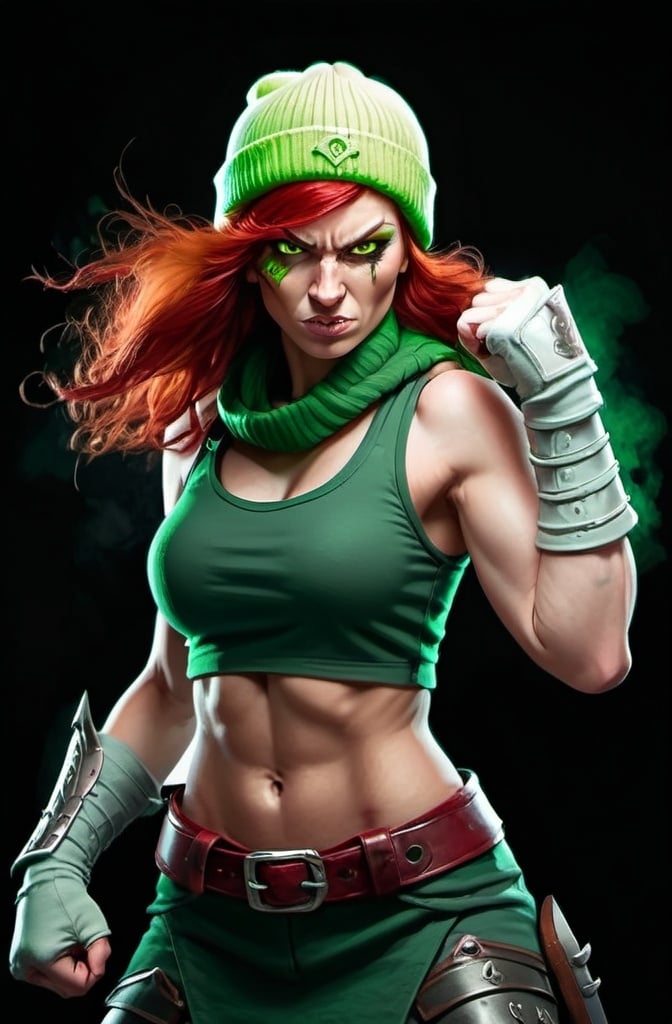 Prompt: Evil red-haired warrior woman, wearing a green beanie and a mischievous smirk. Carmine, red eyes. Fierce combat stance. 
