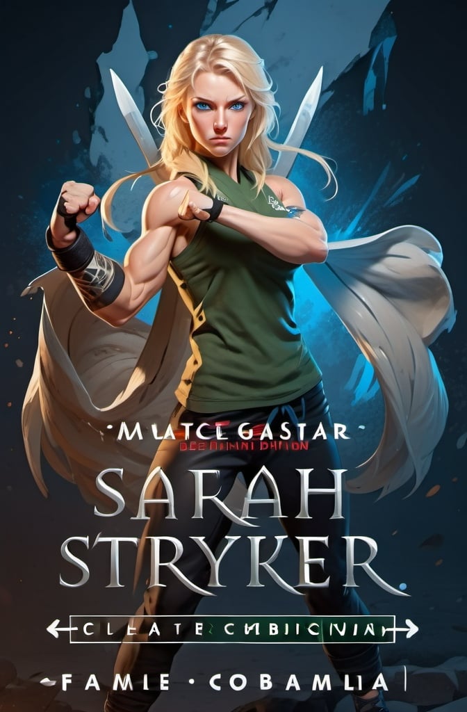 Prompt: Female figure. Greater bicep definition. Sharper, clearer blue eyes. Blonde hair flapping. Frostier, glacier effects. Fierce combat stance. Martial artist.