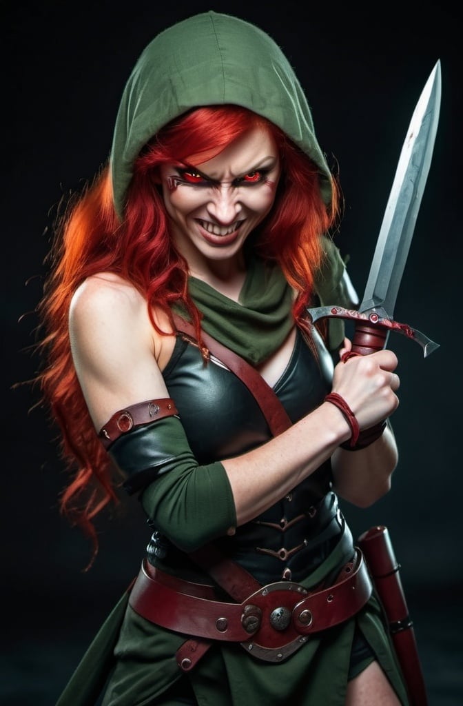 Prompt: Evil red-haired warrior woman with a mischievous grin. Carmine, red eyes. Fierce combat stance.