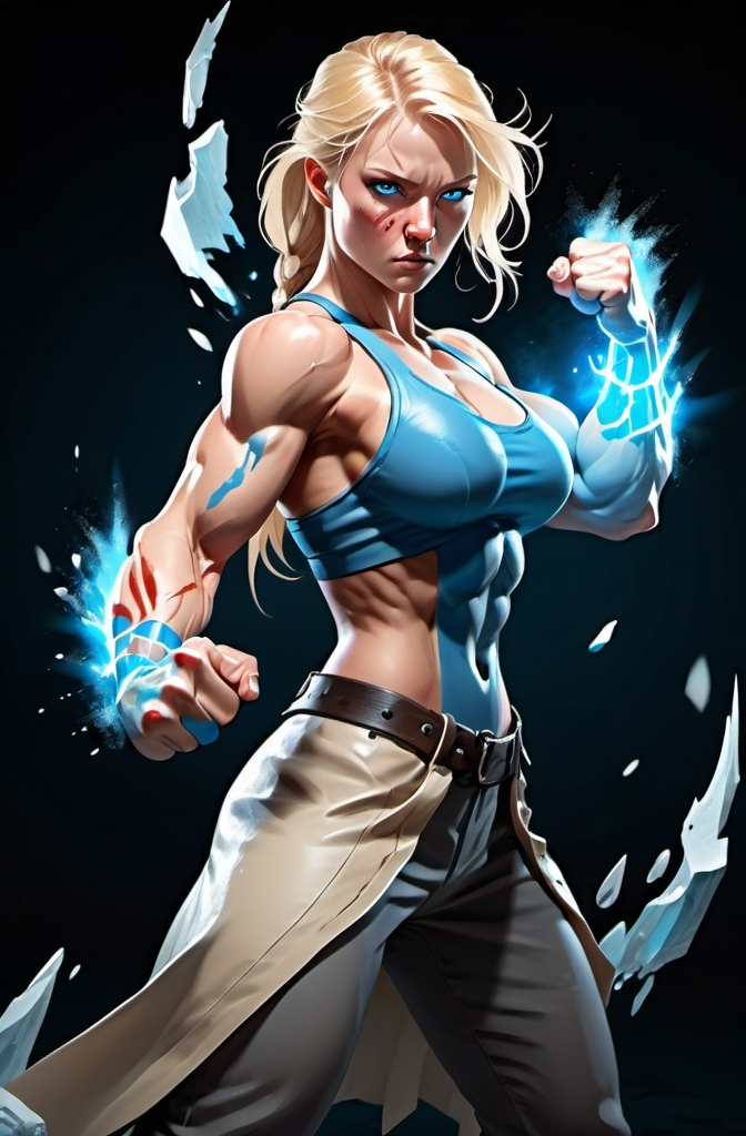 Prompt: Female figure. Greater bicep definition. Sharper, clearer blue eyes. Nosebleed. Long Blonde hair flapping. Frostier, glacier effects. Fierce combat stance. Raging Fists.