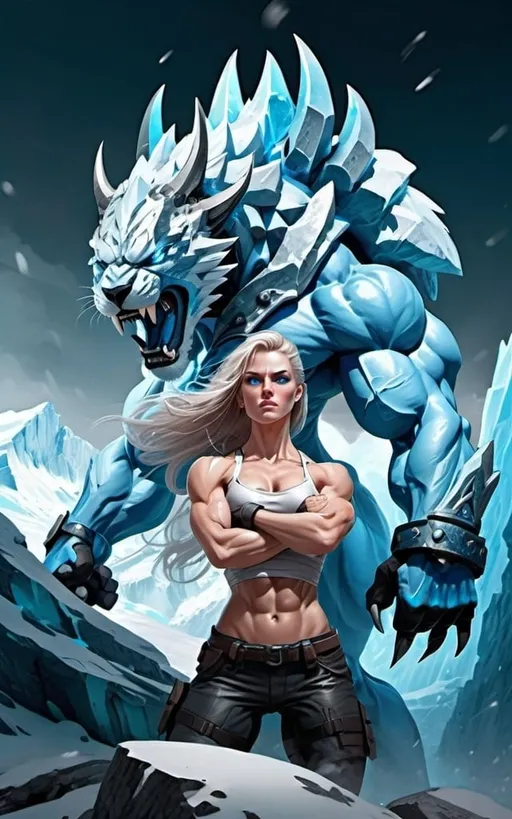 Prompt: Female figure. Greater bicep definition. Sharper, clearer blue eyes.  Frostier, glacier effects. Fierce combat stance. 