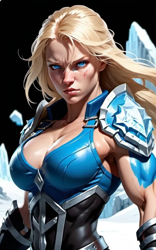 Prompt: Female figure. Greater bicep definition. Sharper, clearer blue eyes. Nosebleed. Long Blonde hair flapping. Frostier, glacier effects. Fierce combat stance. Icy Knuckles.