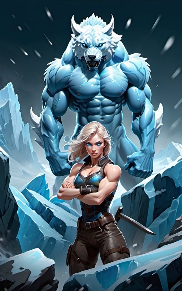 Prompt: Female figure. Greater bicep definition. Sharper, clearer blue eyes.  Frostier, glacier effects. Fierce combat stance. 