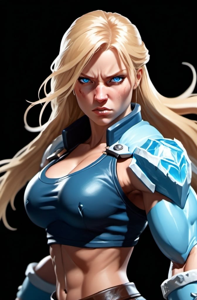 Prompt: Female figure. Greater bicep definition. Sharper, clearer blue eyes. Nosebleed. Long Blonde hair flapping. Frostier, glacier effects. Fierce combat stance. Raging Fists. Icy Knuckles.