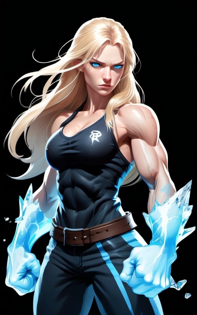 Prompt: Female figure. Greater bicep definition. Sharper, clearer blue eyes. Nosebleed. Long Blonde hair flapping. Frostier, glacier effects. Fierce combat stance. Raging Fists. Icy Knuckles.