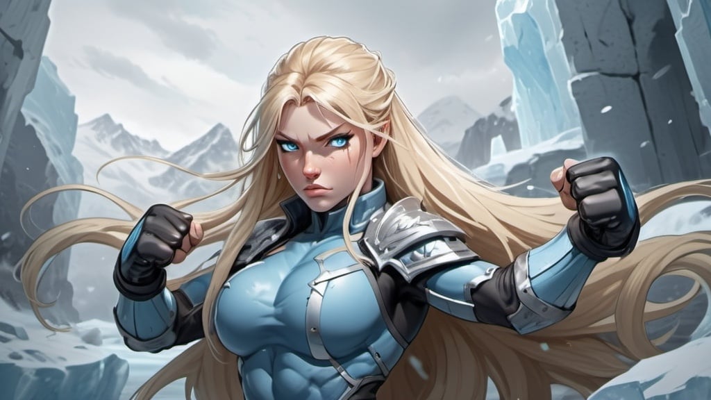 Prompt: Female figure. Greater bicep definition. Sharper, clearer blue eyes. Nosebleed. Long Blonde hair flapping. Frostier, glacier effects. Fierce combat stance. Raging Fists. Icy Knuckles. 