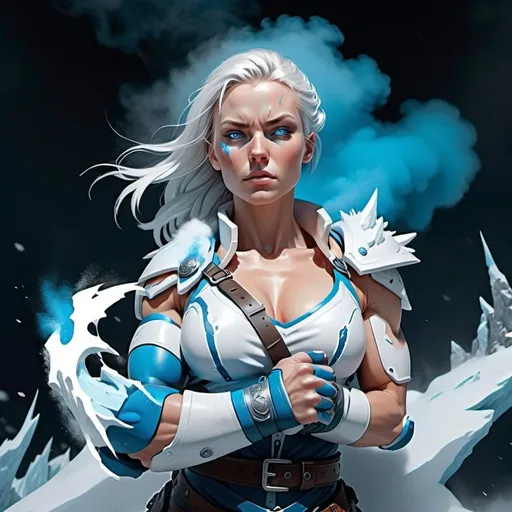 Prompt: Female figure. Greater bicep definition. Sharper, clearer blue eyes.  Frostier, glacier effects. Fierce combat stance. Surrounded by white mist. 