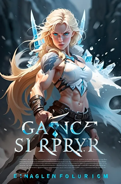 Prompt:  Female figure. Greater bicep definition. Sharper, clearer blue eyes. Blonde hair  flapping. Frostier, glacier effects. Engulfed in White Mist. Fierce combat stance. Holding Ice Daggers.