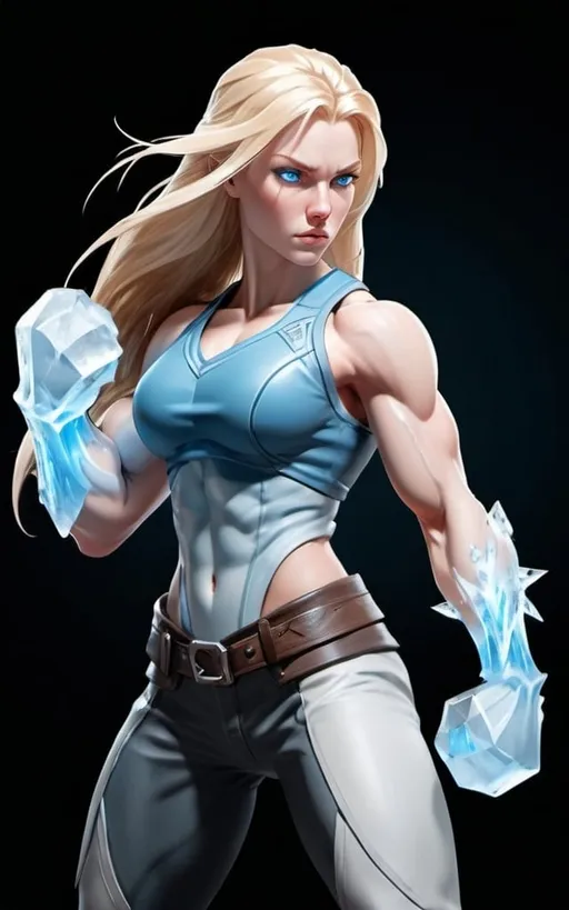 Prompt: Female figure. Greater bicep definition. Sharper, clearer blue eyes. Long Blonde hair flapping. Frostier, glacier effects. Fierce combat stance. Icy Knuckles. 