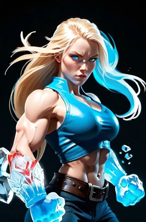 Prompt: Female figure. Greater bicep definition. Sharper, clearer blue eyes. Long Blonde hair flapping. Frostier, glacier effects. Fierce combat stance. Ice Fists.