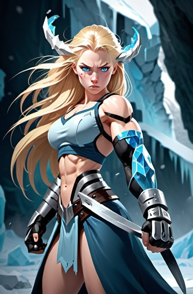 Prompt: Female figure. Greater bicep definition. Sharper, clearer blue eyes. Nosebleed. Long Blonde hair flapping. Frostier, glacier effects. Fierce combat stance. Icy Knuckles.