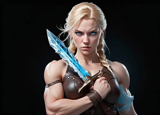 Prompt:  Female figure. Greater bicep definition. Sharper, clearer blue eyes. Nosebleed. Long Blonde hair flapping. Frostier, glacier effects. Fierce combat stance. Ice Daggers. 