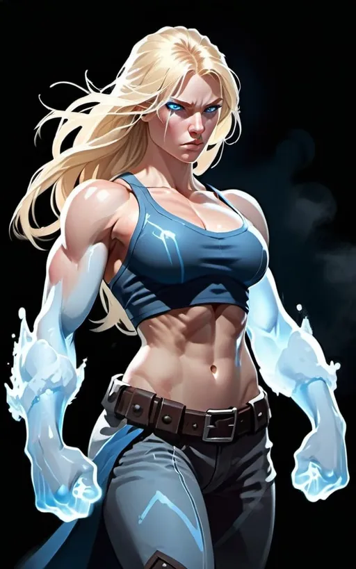 Prompt: Female figure. Greater bicep definition. Sharper, clearer blue eyes. Nosebleed. Long Blonde hair flapping. Frostier, glacier effects. Fierce combat stance. Icy Knuckles. Engulfed in Mist. 