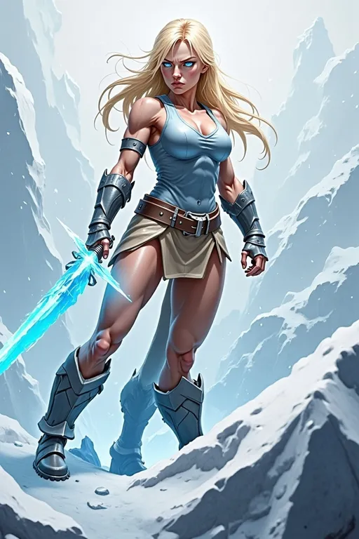 Prompt: @lbK8EQWu1r8WEqH2g1L6 A muscular female warrior wielding a shimmering sword of ice, standing in a frozen landscape. She is mid-action, gripping the icy blade with both hands, her stance powerful and determined. Her armor is sleek and metallic, reflecting cold blue and silver tones, with frost forming along the edges. Her hair flows behind her, caught in a gust of icy wind. The environment features jagged ice formations and a snow-covered ground under a pale, overcast sky. Soft blue light emanates from the sword, illuminating her focused expression. The scene is captured from a slightly low angle, emphasizing her strength and the glowing weapon, with swirling snow and icy particles adding a dynamic, wintry atmosphere.