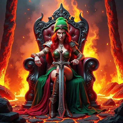 Prompt: @wbV7YKlXTFt2cBPb46HT is still on a throne, amidst a Kingdom of Lava with a crown on her head. 