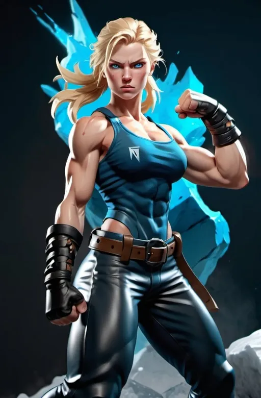 Prompt: Female figure. Greater bicep definition. Sharper, clearer blue eyes. Blonde hair flapping. Frostier, glacier effects. Fierce combat stance. Raging Fists. 