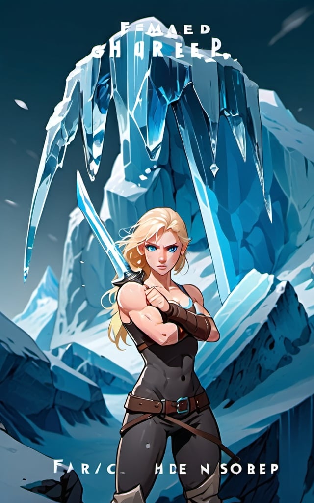 Prompt:  Female figure. Greater bicep definition. Sharper, clearer blue eyes. Blonde hair flapping. Nosebleed. Frostier, glacier effects. Fierce combat stance. Holding an Ice sword.