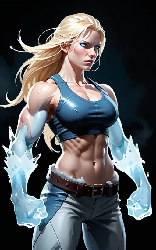 Prompt: Female figure. Greater bicep definition. Sharper, clearer blue eyes. Nosebleed. Long Blonde hair flapping. Frostier, glacier effects. Fierce combat stance. Icy Knuckles. Engulfed in Mist. 