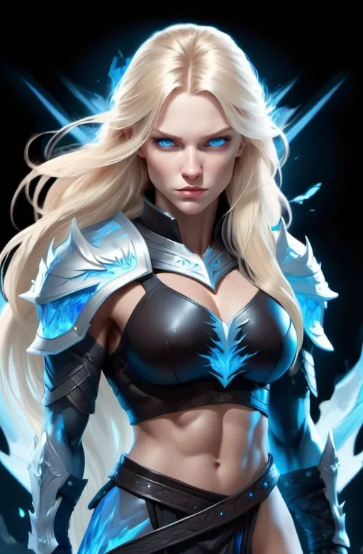 Prompt: Female figure. Greater bicep definition. Sharper, clearer blue eyes. Long Blonde hair flapping. Frostier, glacier effects. Fierce combat stance. Sitting on a throne. Resting her cheek on her hand.