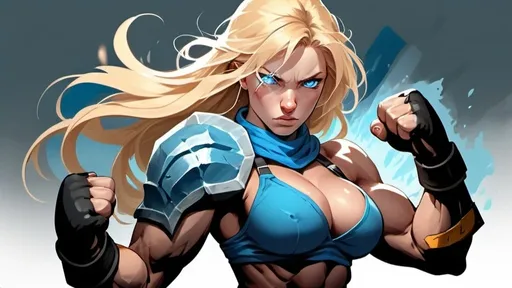 Prompt: Female figure. Greater bicep definition. Sharper, clearer blue eyes. Nosebleed. Long Blonde hair flapping. Frostier, glacier effects. Fierce combat stance. Raging Fists. 