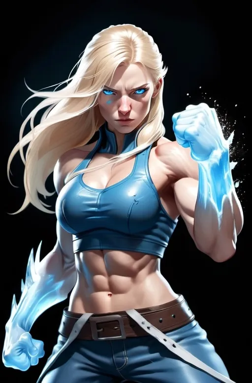 Prompt: Female figure. Greater bicep definition. Sharper, clearer blue eyes. Nosebleed. Long Blonde hair flapping. Frostier, glacier effects. Fierce combat stance. Raging Fists. Icy Knuckles.