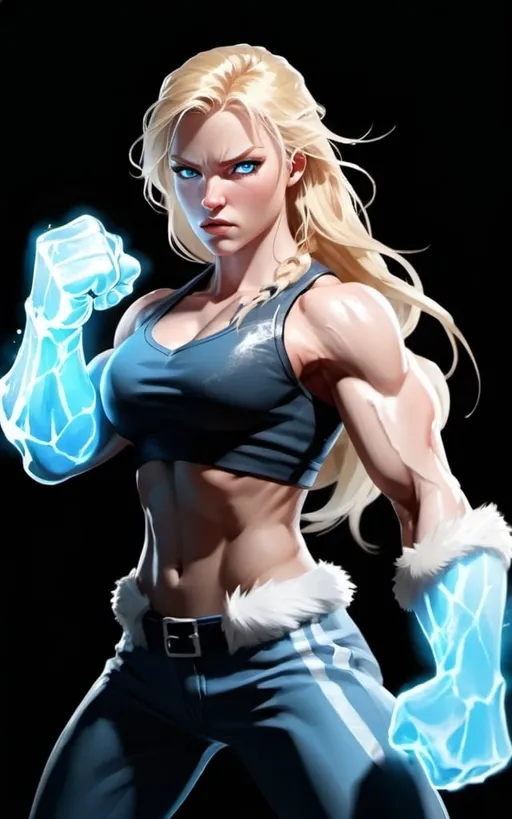 Prompt: Female figure. Greater bicep definition. Sharper, clearer blue eyes. Long Blonde hair flapping. Frostier, glacier effects. Fierce combat stance. Icy Knuckles. Raging Fists.