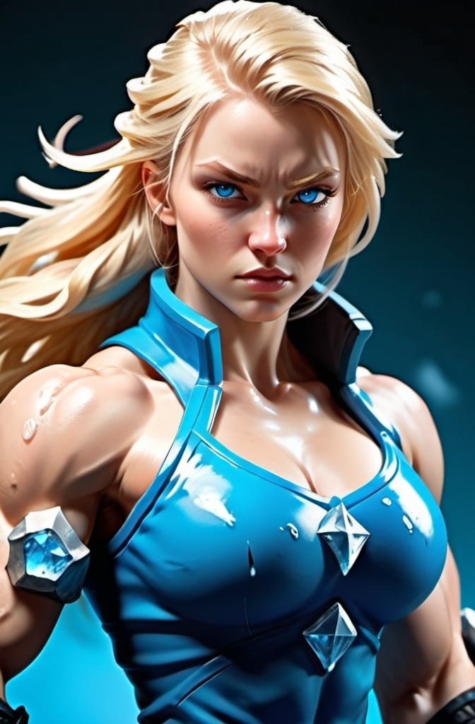 Prompt: Female figure. Greater bicep definition. Sharper, clearer blue eyes. Long Blonde hair flapping. Frostier, glacier effects. Fierce combat stance. Ice Fists.