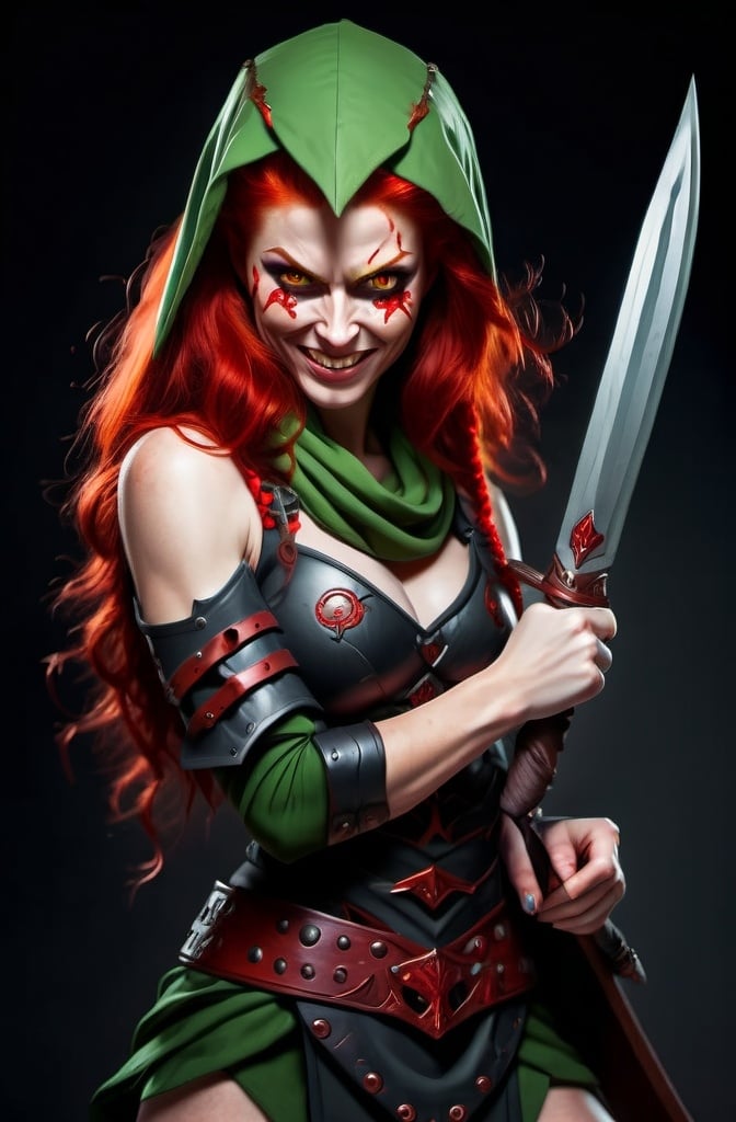 Prompt: Evil red-haired warrior woman with a mischievous grin. Carmine, red eyes. Fierce combat stance.