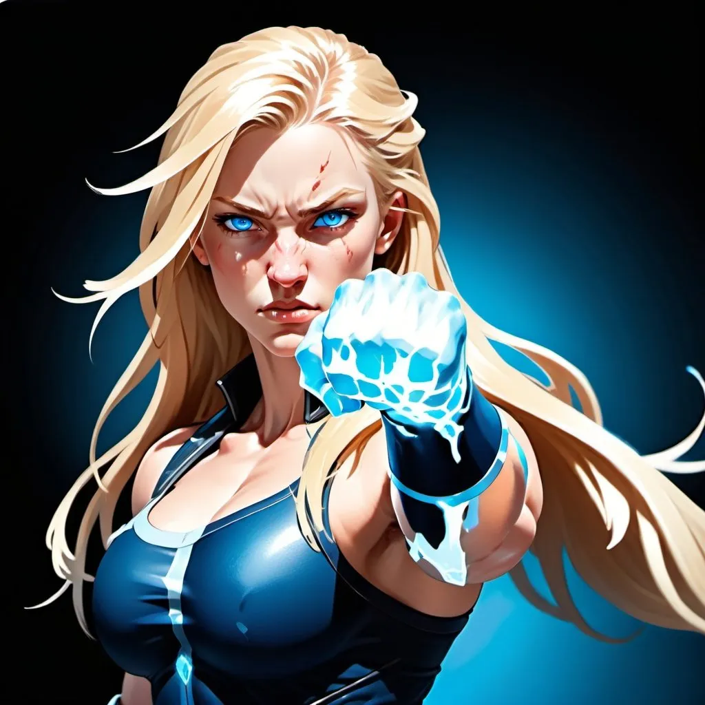 Prompt: Female figure. Greater bicep definition. Sharper, clearer blue eyes. Nosebleed. Long Blonde hair flapping. Frostier, glacier effects. Fierce combat stance. Icy Knuckles.