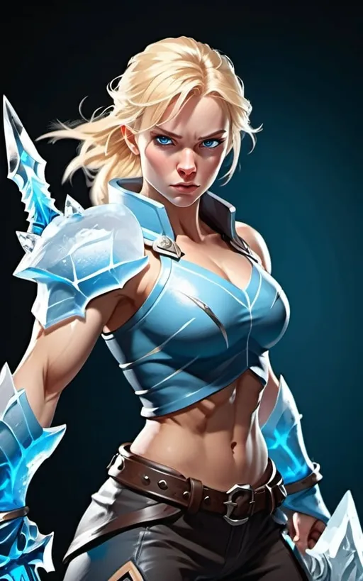 Prompt: Female figure. Greater bicep definition. Sharper, clearer blue eyes. Blonde hair flapping. Frostier, glacier effects. Fierce combat stance. Holding Ice Daggers.