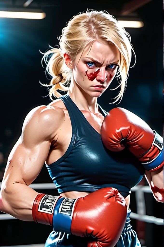 Prompt:  Female figure. Greater bicep definition. Sharper, clearer blue eyes. Blonde hair flapping. Nosebleed. Frostier, glacier effects. Fierce combat stance. Raging Fists. Boxing gloves.