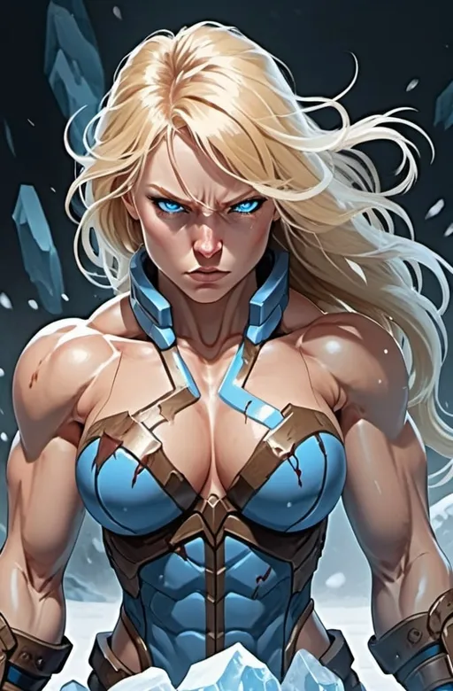 Prompt: Female figure. Greater bicep definition. Sharper, clearer blue eyes. Nosebleed. Blue armor suit. Long Blonde hair flapping. Frostier, glacier effects. Fierce combat stance. Raging Fists. Icy Knuckles. 