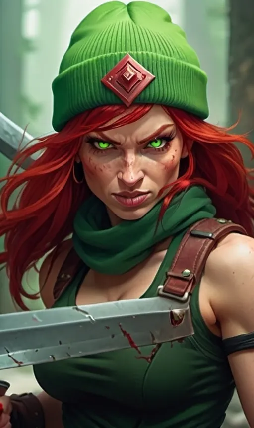 Prompt: Evil red-haired warrior woman, wearing a green beanie and a mischievous smirk. Carmine, red eyes. Fierce combat stance. 