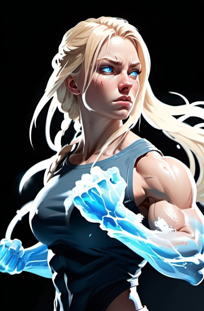 Prompt: Female figure. Greater bicep definition. Sharper, clearer blue eyes. Bleeding. Long Blonde hair flapping. Frostier, glacier effects. Fierce combat stance. Icy Knuckles.