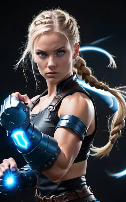 Prompt: Female figure. Greater bicep definition. Dark Blue eyes. Blonde braided ponytail. Fierce combat stance. Raging Gravity-powered Gauntlets. 