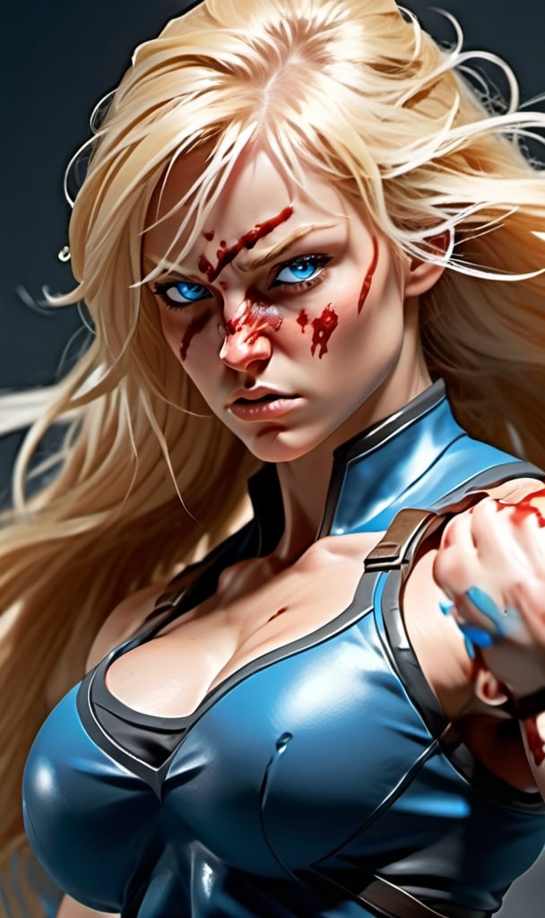 Prompt: Female figure. Greater bicep definition. Sharper, clearer blue eyes. Nosebleed. Long Blonde hair flapping. Frostier, glacier effects. Fierce combat stance. Enraged. 