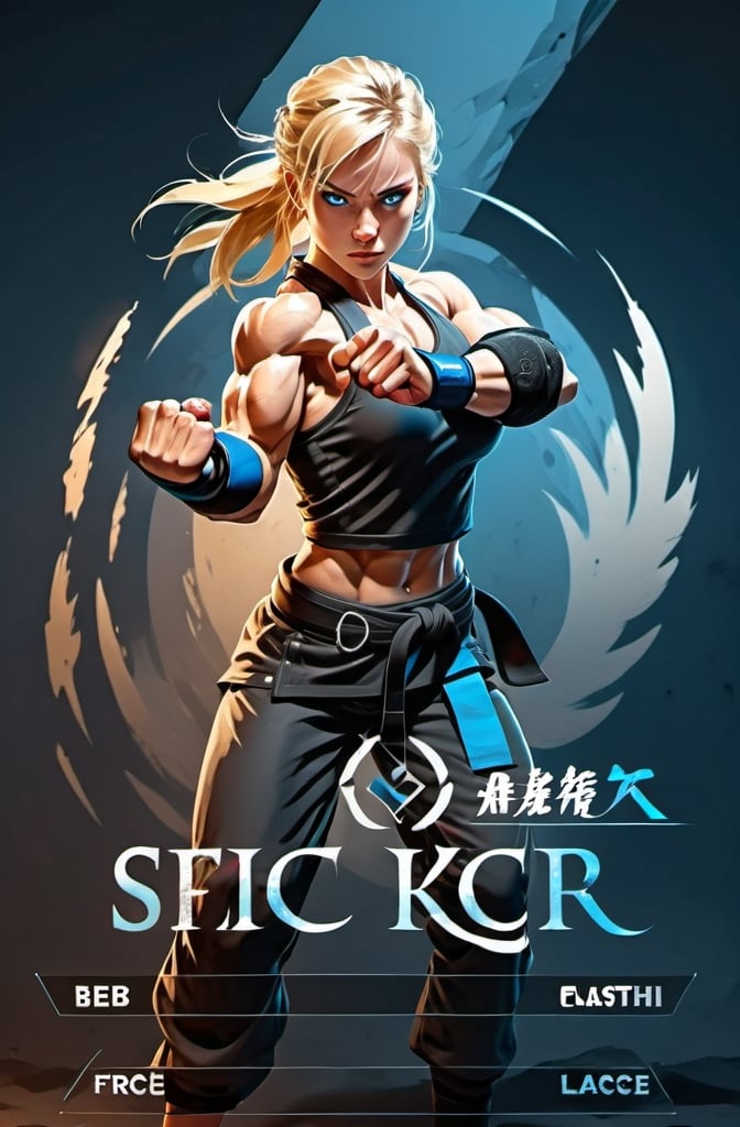 Prompt: Female figure. Greater bicep definition. Sharper, clearer blue eyes. Blonde hair flapping. Frostier, glacier effects. Fierce combat stance. Martial artist. 