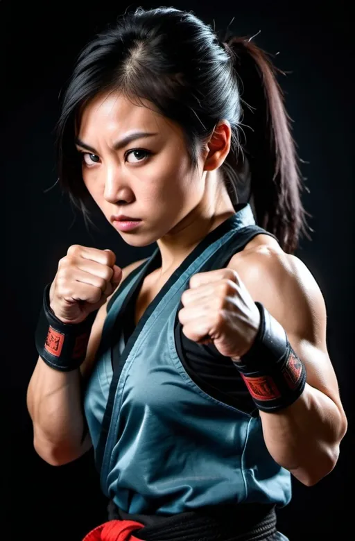 Prompt: Asian Black-haired girl. Athletic. Strong Biceps. Martial artist. Fierce Combat stance. Raging Fists.  