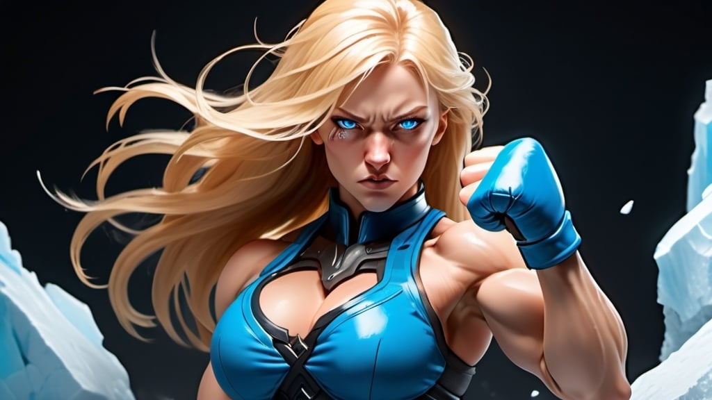 Prompt: Female figure. Greater bicep definition. Sharper, clearer blue eyes. Nosebleed. Long Blonde hair flapping. Frostier, glacier effects. Fierce combat stance. Raging Fists. 