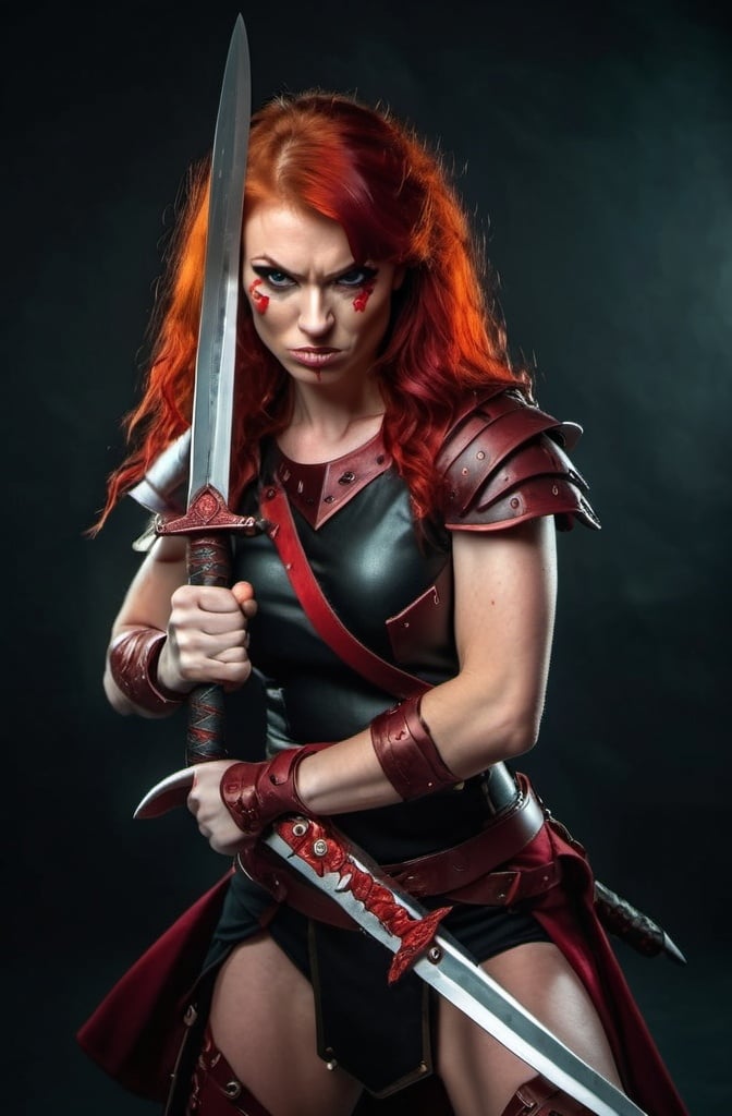 Prompt: Evil red-haired warrior woman with a mischievous smirk. Carmine, red eyes. Fierce combat stance.