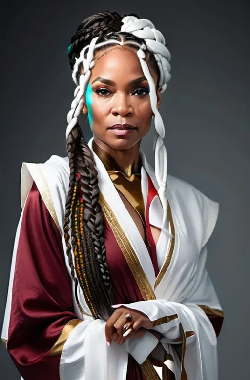 Prompt: Middle-aged Black female in all white robes. Wise woman. Fierce. Leader. Braided ponytail. 