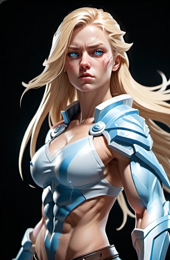 Prompt: Female figure. Greater bicep definition. Sharper, clearer blue eyes. Nosebleed. Long Blonde hair flapping. Frostier, glacier effects. Fierce combat stance. Icy Knuckles.