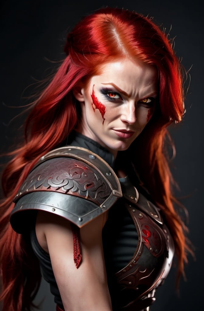 Prompt: Evil red-haired warrior woman with a mischievous grin. Carmine, red eyes. Fierce combat stance.