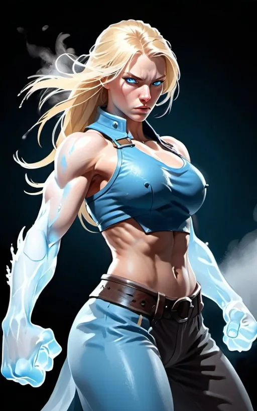 Prompt: Female figure. Greater bicep definition. Sharper, clearer blue eyes. Nosebleed. Long Blonde hair flapping. Frostier, glacier effects. Fierce combat stance. Icy Knuckles. Engulfed in Mist. 