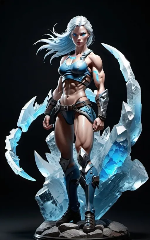 Prompt: Female figure. Greater bicep definition. Sharper, clearer blue eyes.  Frostier, glacier effects. Fierce combat stance. 