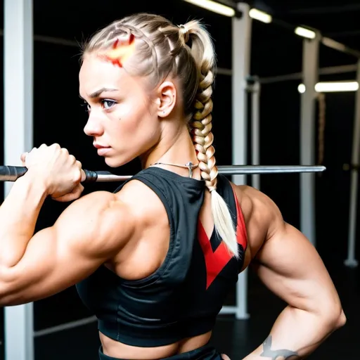 Prompt: Young woman with a blonde braided ponytail. Heroic. Greater bicep definition. Fierce combat stance.  