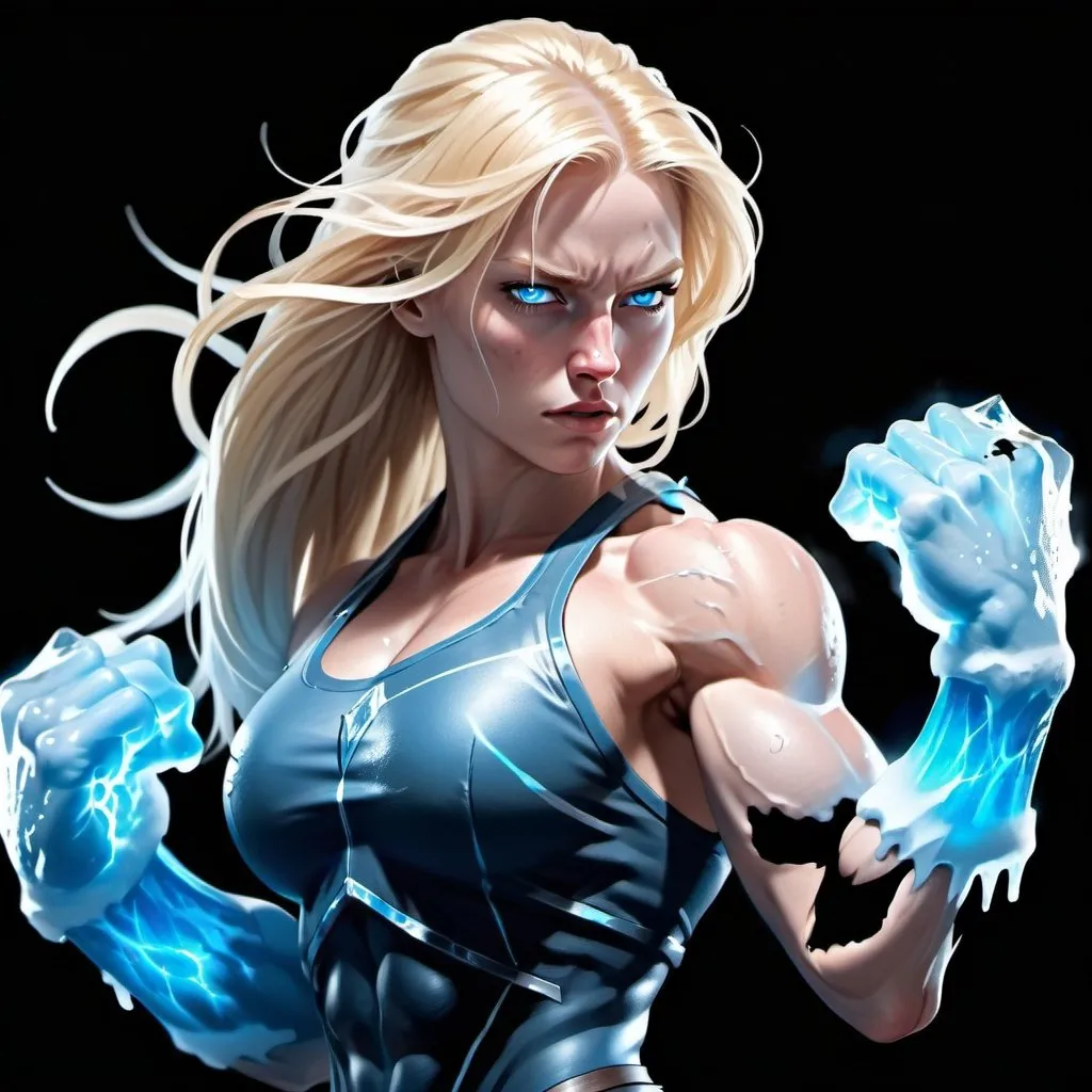 Prompt: Female figure. Greater bicep definition. Sharper, clearer blue eyes. Nosebleed. Long Blonde hair flapping. Frostier, glacier effects. Fierce combat stance. Icy Knuckles. Engulfed in Mist. 