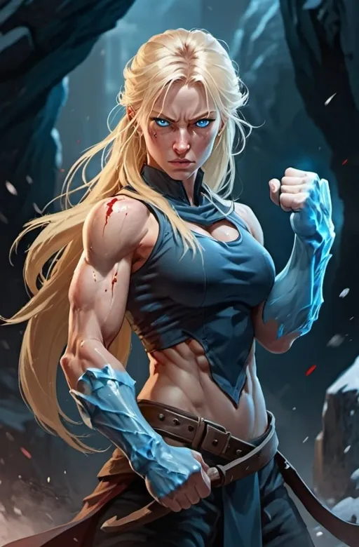 Prompt: Female figure. Greater bicep definition. Sharper, clearer blue eyes. Bleeding. Long Blonde hair flapping. Frostier, glacier effects. Fierce combat stance. Raging Fists. 